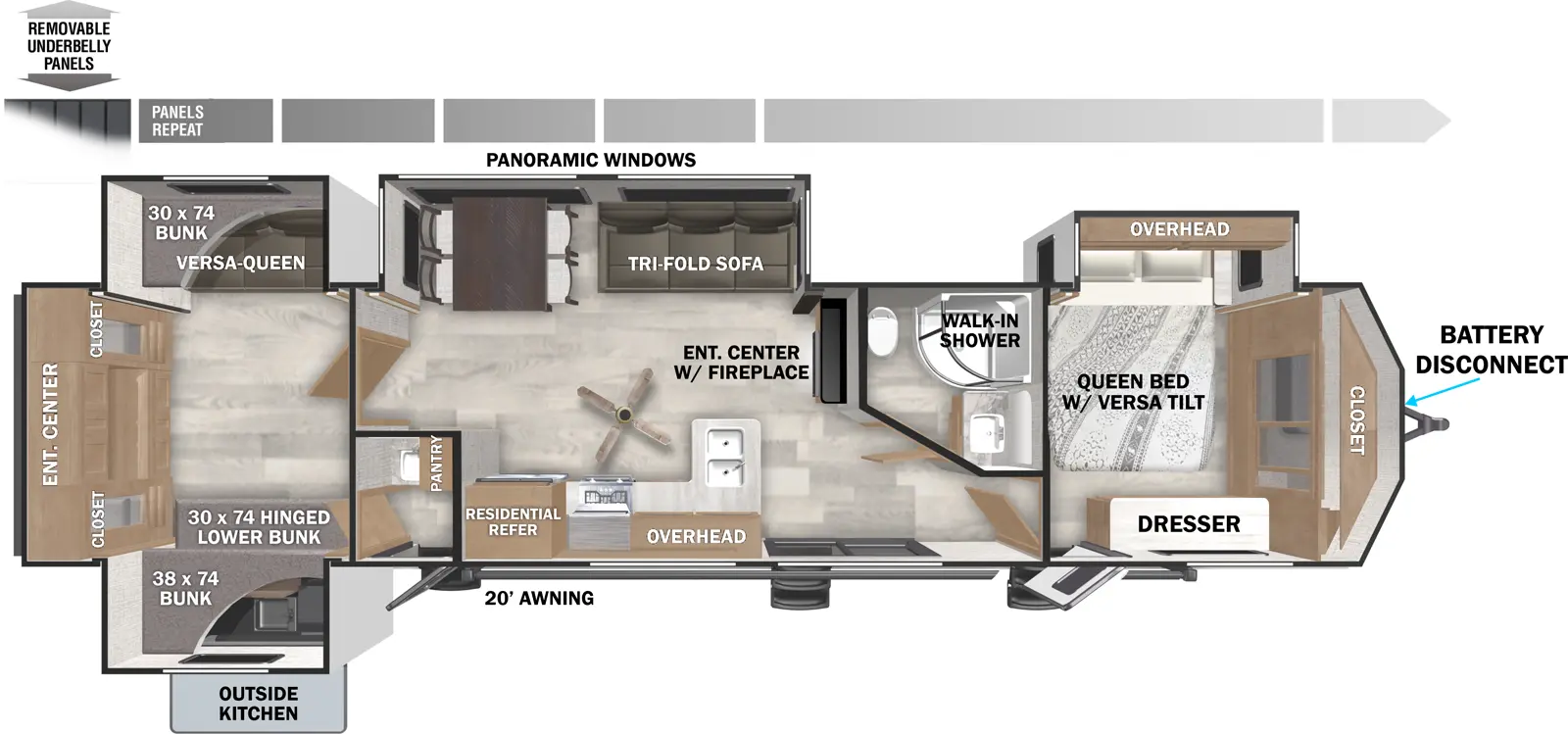 The Wildwood Lodge 42QBQ has two entries and four slide outs. Exterior features include: metal or fiberglass exterior, 20' awning and outside kitchen. Interiors features include: bunk beds, free-standing dinette option and front bedroom.